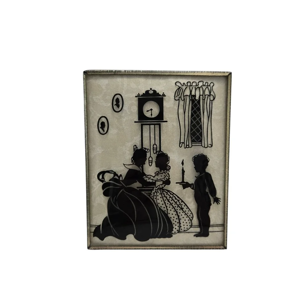 Vintage Reverse Painted Silhouette Glass Wall Plaque Victorian Family Scene